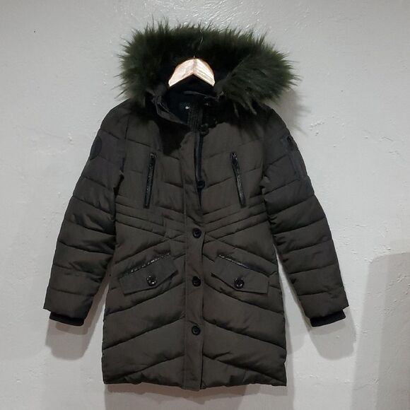 Diesel Olive Green Puffer Parka Jacket with Faux Fur Hood Kids Size 12